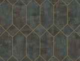 Geo Faux geometric metallic wallpaper in rust and forest green with metallic gold linework