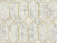Geo Faux geometric wallpaper in Silver Birch with metallic gold linework, 27-inch wide.
