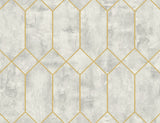 Geo Faux geometric wallpaper in Silver Birch with metallic gold linework, 27-inch wide.