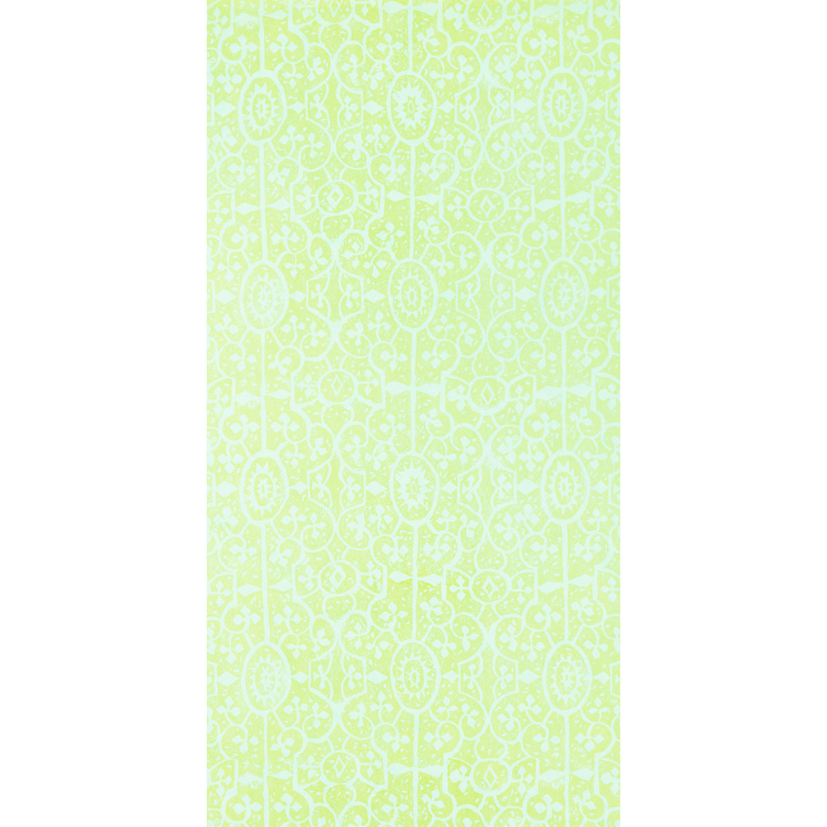 PATRA TWO wallpaper in Limon by Raoul Textiles for Schumacher, hand-printed Japanese pulp paper with intricate pattern in light green and yellow tones.