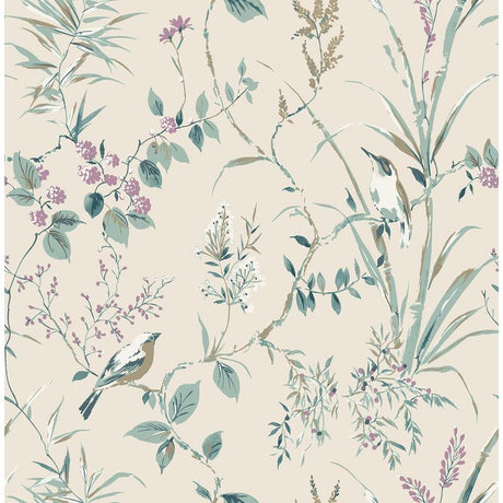 Fine Decor Mariko Teal Botanical Wallpaper pattern with birds and vines, roll detail
