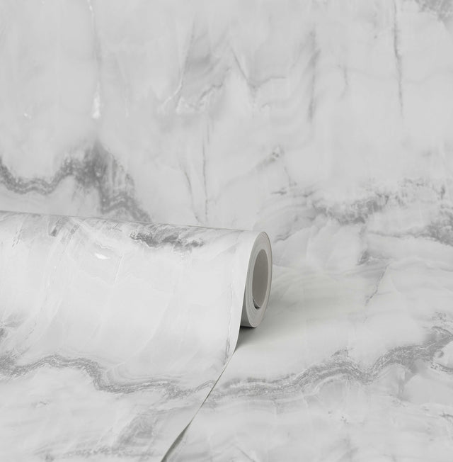 Aura Silver Marble Wallpaper with Metallic Abstract Stone Motif - Fine Decor M1584