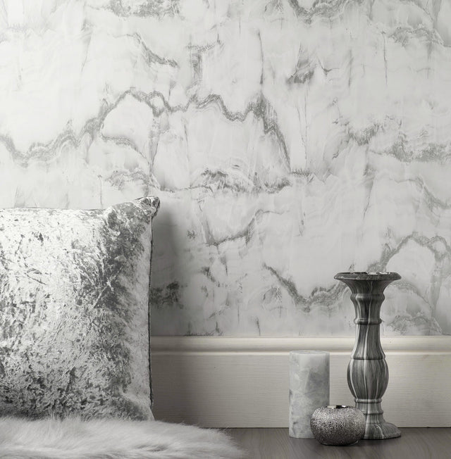 Aura Silver Marble Wallpaper with Metallic Abstract Stone Motif - Fine Decor M1584