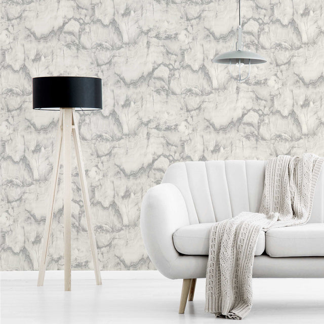Aura Silver Marble Wallpaper with Metallic Abstract Stone Motif - Fine Decor M1584