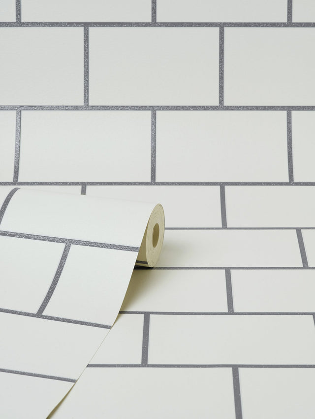 Metro Silver Tile Wallpaper with Abstract Subway Tile Pattern, Feature Wall Expanded Vinyl - Fine Decor M1634