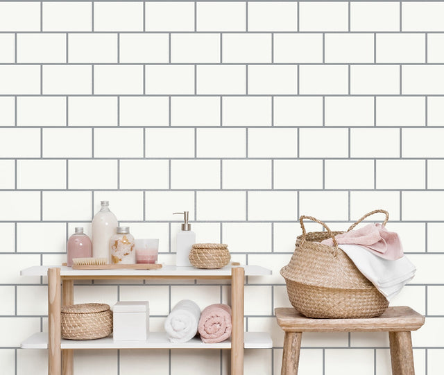 Metro Silver Tile Wallpaper with Abstract Subway Tile Pattern, Feature Wall Expanded Vinyl - Fine Decor M1634