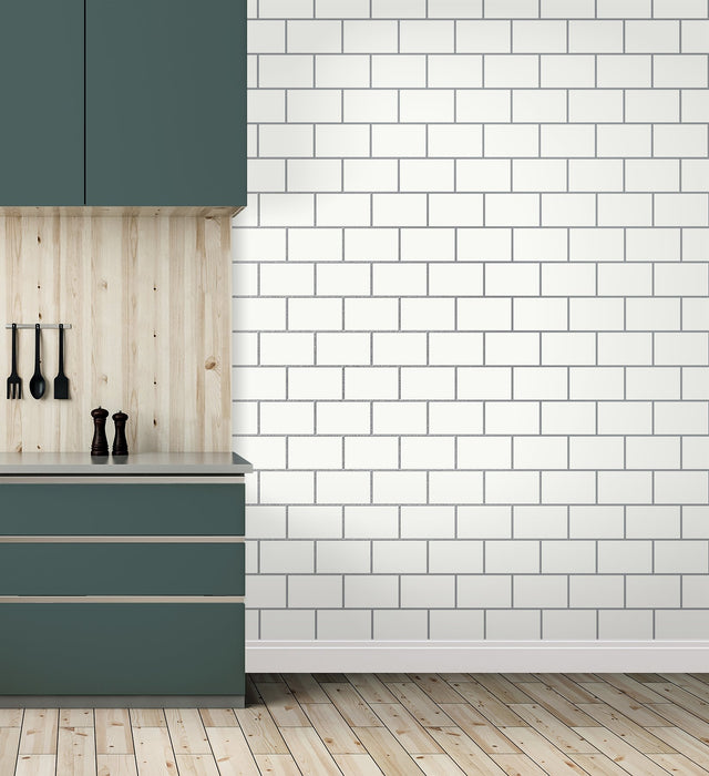 Metro Silver Tile Wallpaper with Abstract Subway Tile Pattern, Feature Wall Expanded Vinyl - Fine Decor M1634