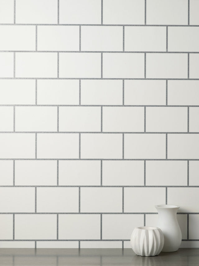 Metro Silver Tile Wallpaper with Abstract Subway Tile Pattern, Feature Wall Expanded Vinyl - Fine Decor M1634