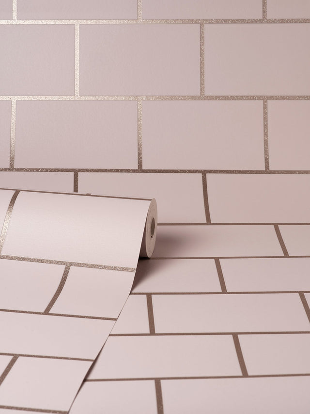 Metro Rose Gold Tile Wallpaper with Abstract Subway Tile Pattern - Fine Decor M1635
