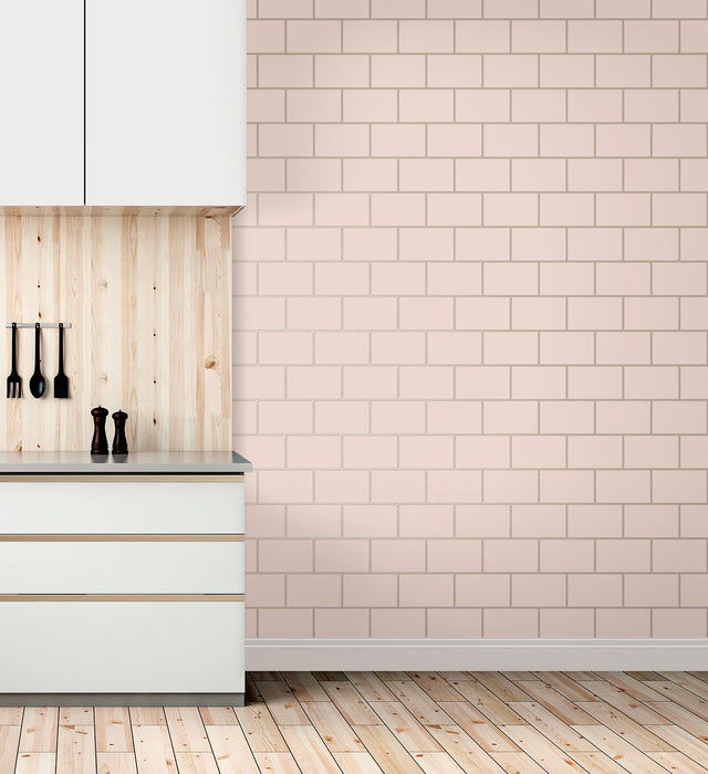 Metro Rose Gold Tile Wallpaper with Abstract Subway Tile Pattern - Fine Decor M1635