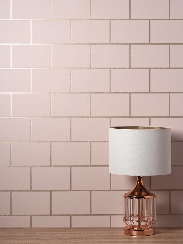 Metro Rose Gold Tile Wallpaper with Abstract Subway Tile Pattern - Fine Decor M1635