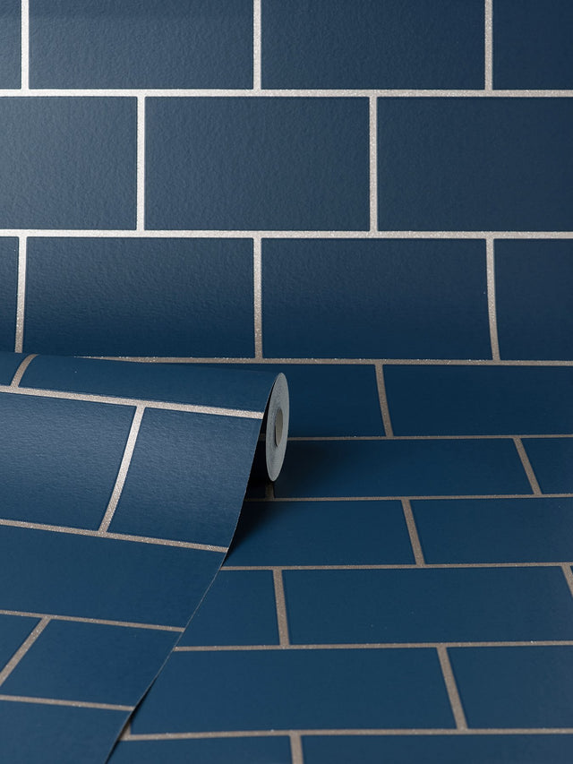 Metro Navy Tile Wallpaper with Abstract Tile Motif - Fine Decor M1636