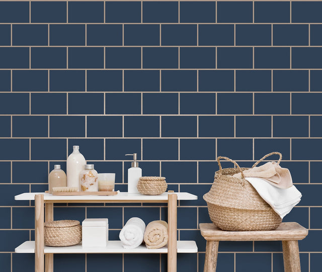 Metro Navy Tile Wallpaper with Abstract Tile Motif - Fine Decor M1636