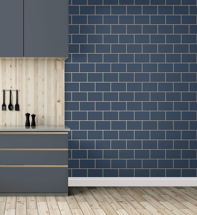 Metro Navy Tile Wallpaper with Abstract Tile Motif - Fine Decor M1636