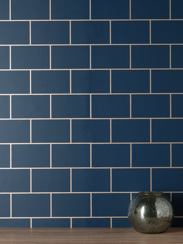 Metro Navy Tile Wallpaper with Abstract Tile Motif - Fine Decor M1636