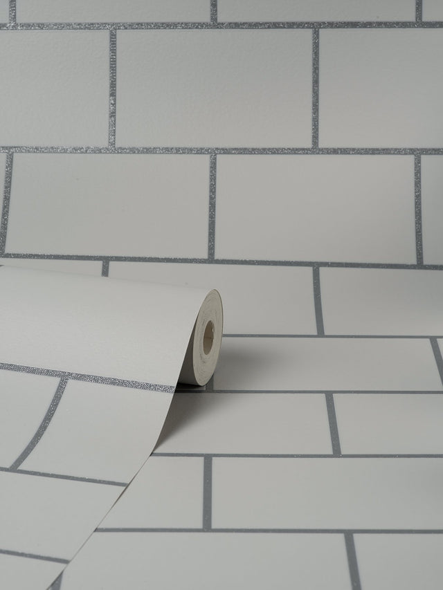 Metro White Tile Wallpaper with Abstract Tile Pattern, Feature Wall Style - Fine Decor M1637