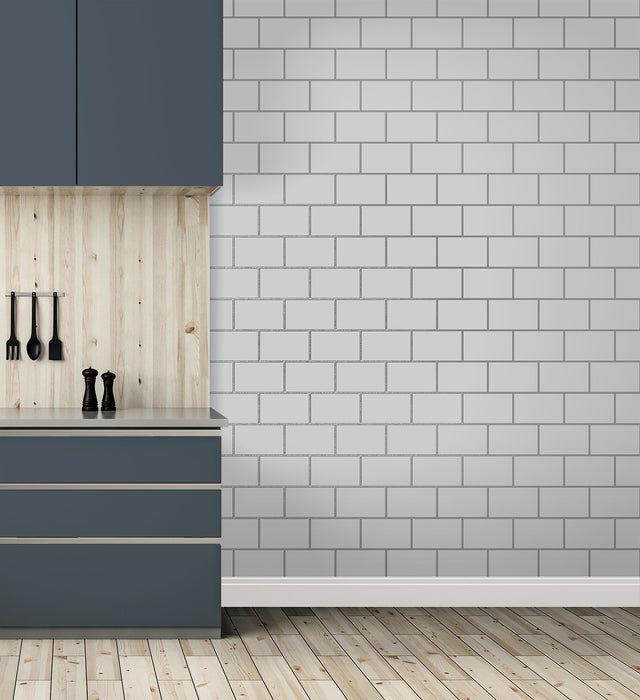 Metro White Tile Wallpaper with Abstract Tile Pattern, Feature Wall Style - Fine Decor M1637