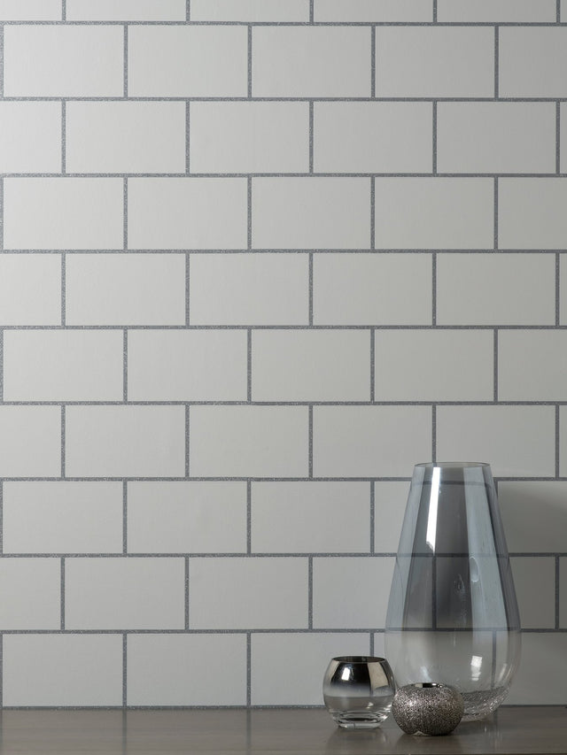 Metro White Tile Wallpaper with Abstract Tile Pattern, Feature Wall Style - Fine Decor M1637