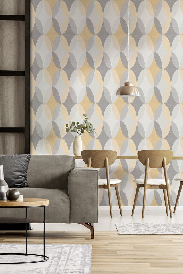 Kirby Mustard Oval Geo Wallpaper with Geometric Retro Motif - Fine Decor M1641