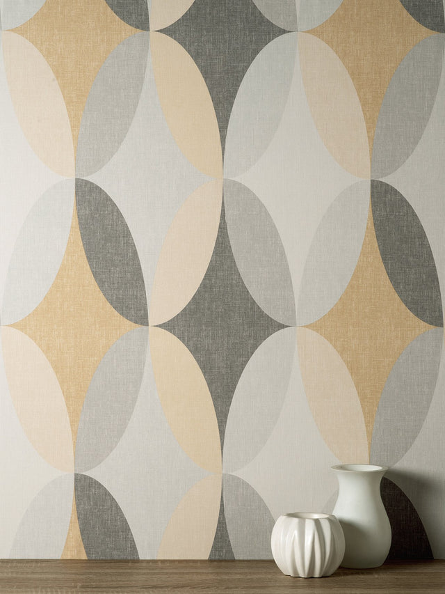 Kirby Mustard Oval Geo Wallpaper with Geometric Retro Motif - Fine Decor M1641