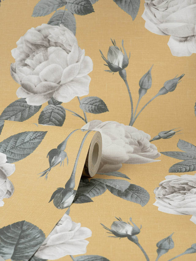 Eeden Mustard Floral Wallpaper with Vintage Botanical Rose Pattern - Fine Decor M1646
