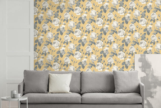 Eeden Mustard Floral Wallpaper with Vintage Botanical Rose Pattern - Fine Decor M1646