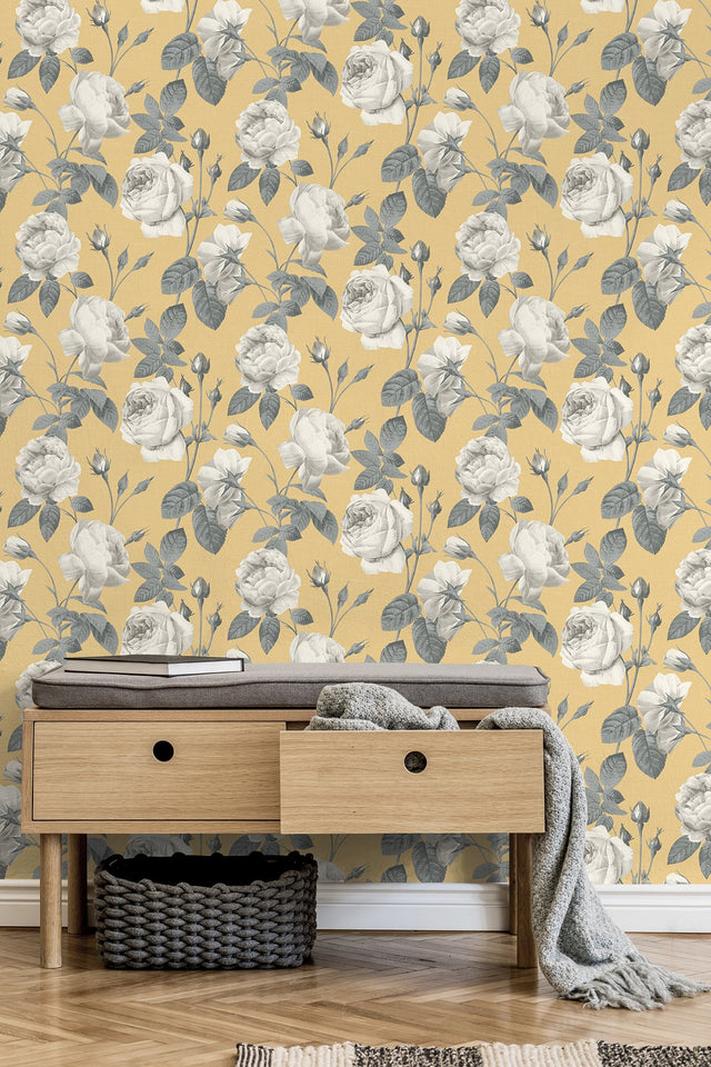 Eeden Mustard Floral Wallpaper with Vintage Botanical Rose Pattern - Fine Decor M1646