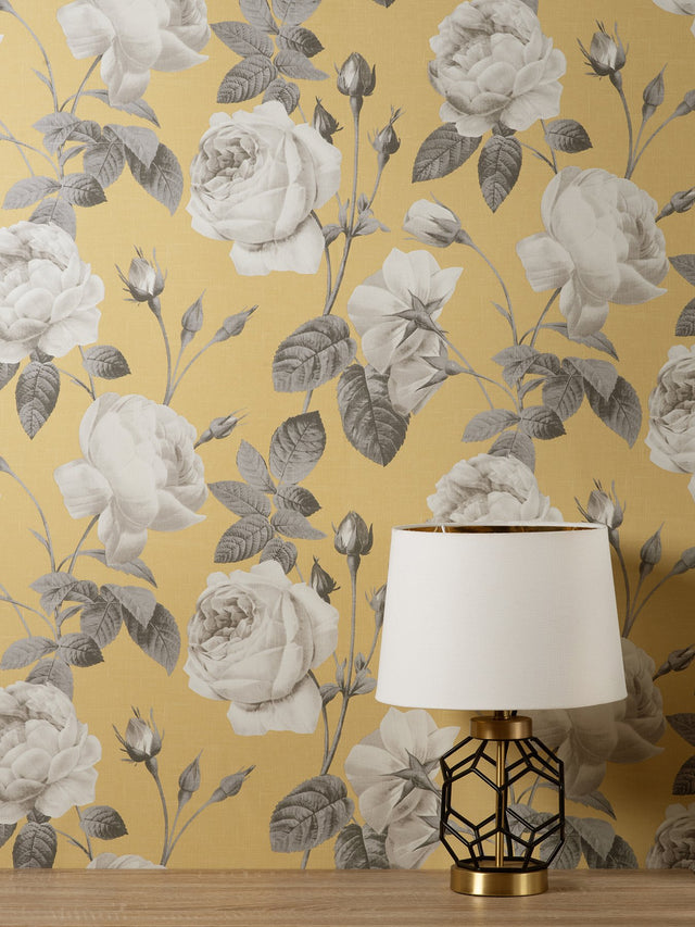 Eeden Mustard Floral Wallpaper with Vintage Botanical Rose Pattern - Fine Decor M1646