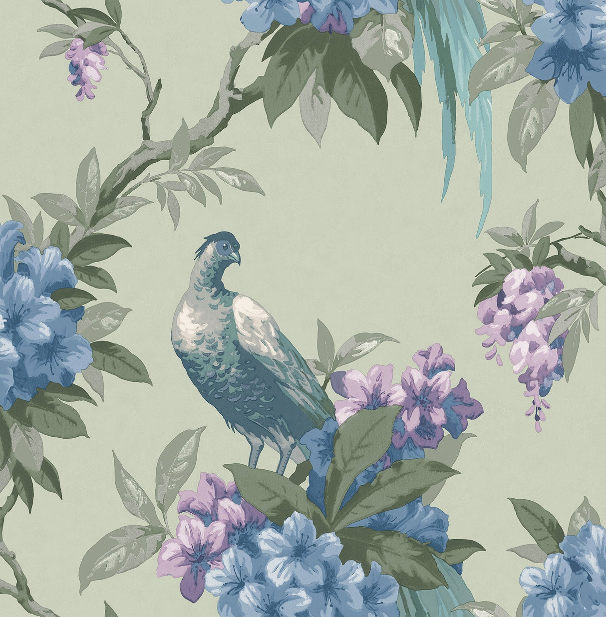 Golden Pheasant Sage Floral Wallpaper with Bird and Botanical Motif - Brewster M1660