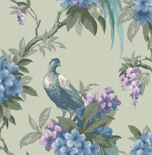 Golden Pheasant Sage Floral Wallpaper with Bird and Botanical Motif - Brewster M1660