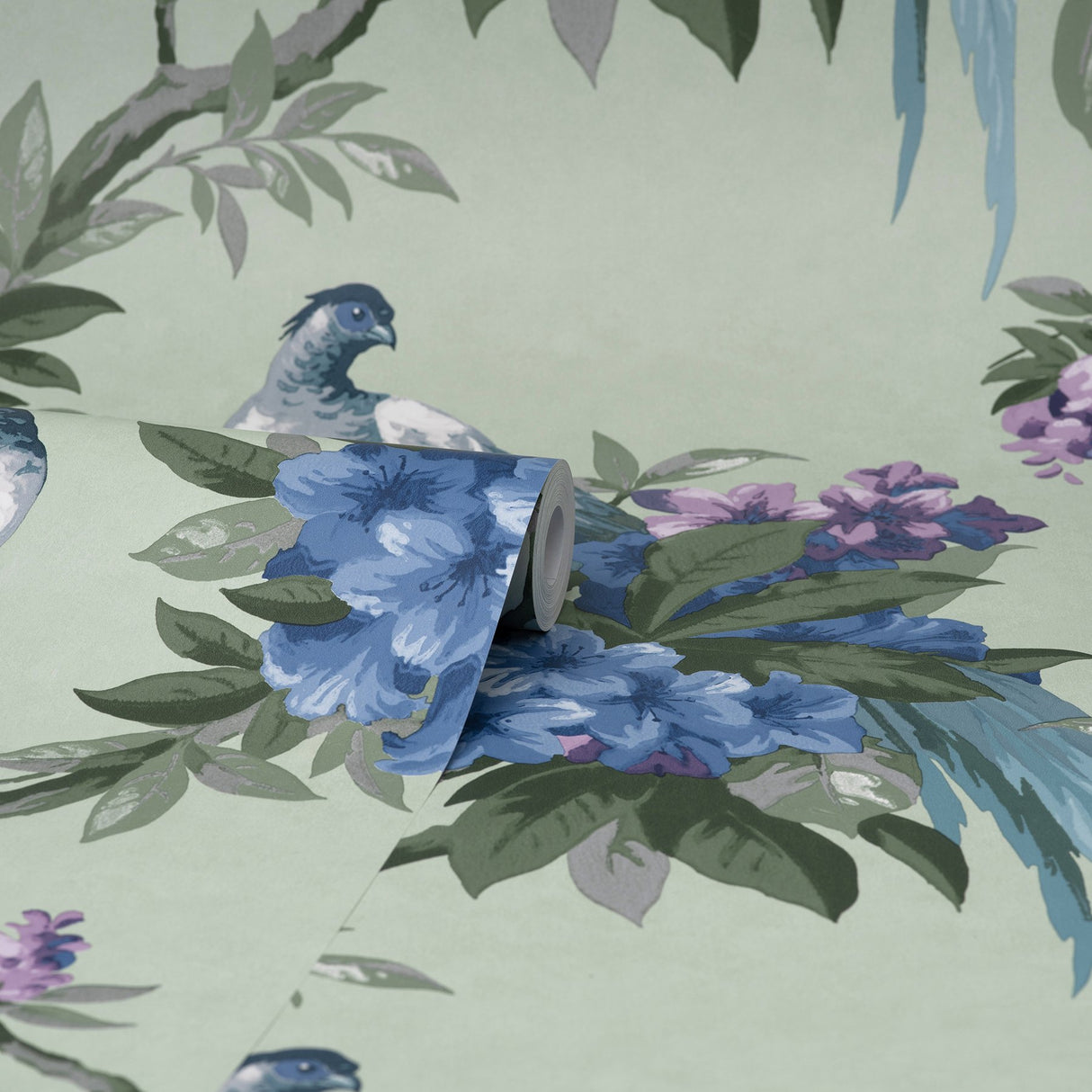 Golden Pheasant Sage Floral Wallpaper with Bird and Botanical Motif - Brewster M1660