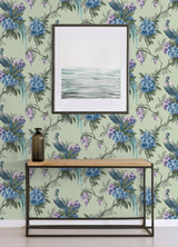 Golden Pheasant Sage Floral Wallpaper with Bird and Botanical Motif - Brewster M1660