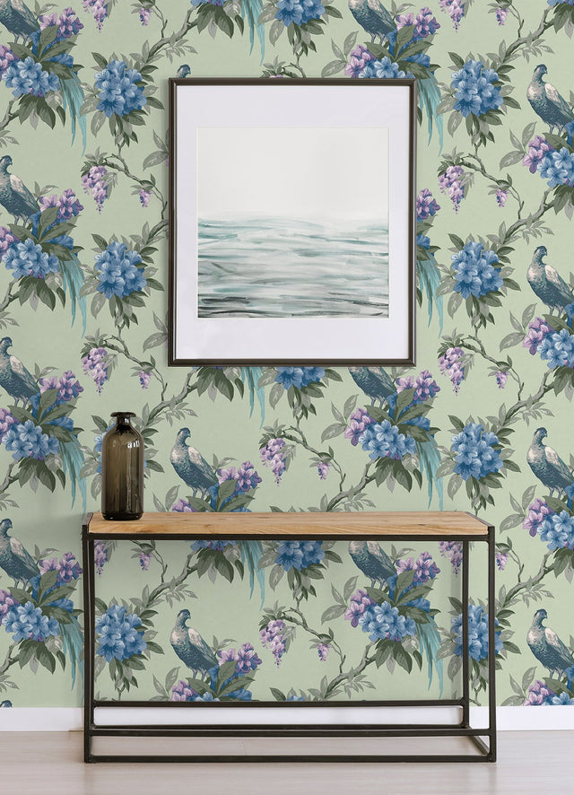 Golden Pheasant Sage Floral Wallpaper with Bird and Botanical Motif - Brewster M1660