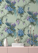 Golden Pheasant Sage Floral Wallpaper with Bird and Botanical Motif - Brewster M1660