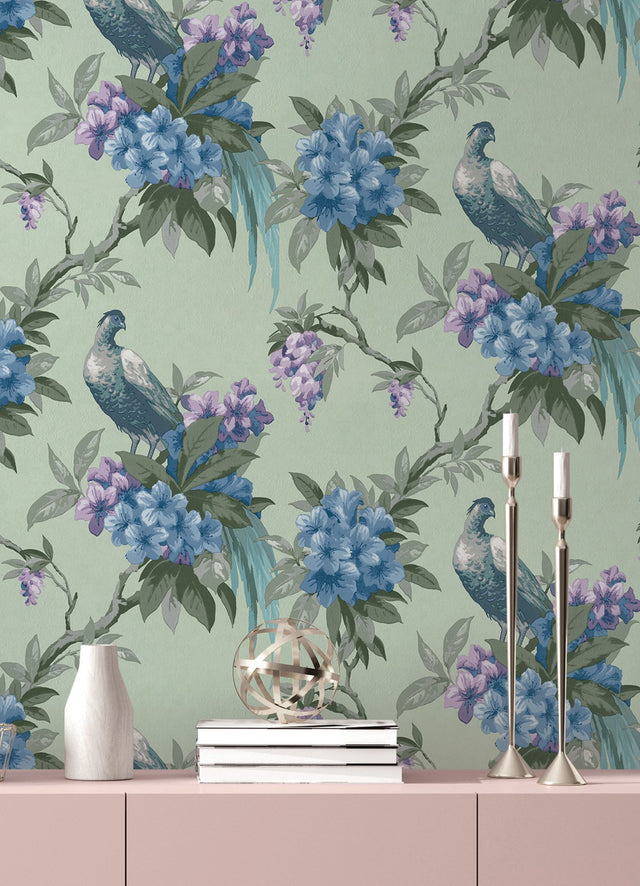 Golden Pheasant Sage Floral Wallpaper with Bird and Botanical Motif - Brewster M1660
