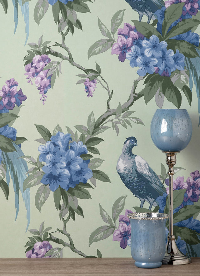 Golden Pheasant Sage Floral Wallpaper with Bird and Botanical Motif - Brewster M1660