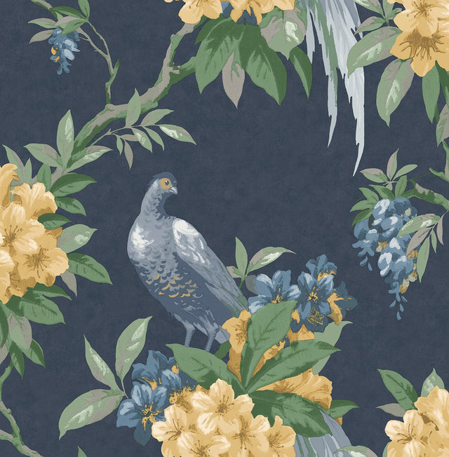 Golden Pheasant Dark Blue Floral Wallpaper with Farmhouse Style - Brewster M1661
