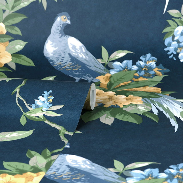Golden Pheasant Dark Blue Floral Wallpaper with Farmhouse Style - Brewster M1661