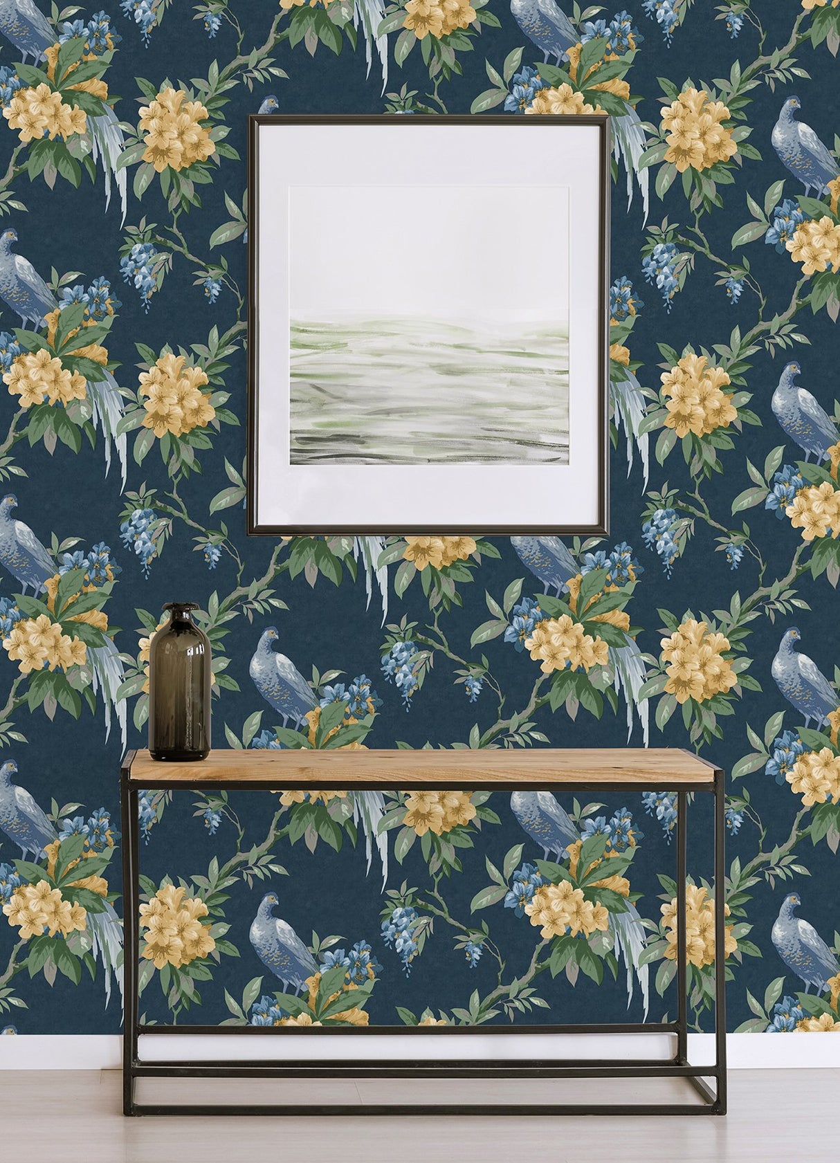 Golden Pheasant Dark Blue Floral Wallpaper with Farmhouse Style - Brewster M1661