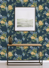 Golden Pheasant Dark Blue Floral Wallpaper with Farmhouse Style - Brewster M1661