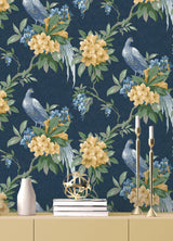 Golden Pheasant Dark Blue Floral Wallpaper with Farmhouse Style - Brewster M1661