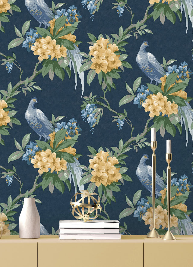 Golden Pheasant Dark Blue Floral Wallpaper with Farmhouse Style - Brewster M1661
