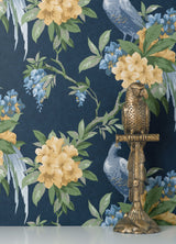 Golden Pheasant Dark Blue Floral Wallpaper with Farmhouse Style - Brewster M1661