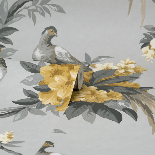 Golden Pheasant Grey Floral Wallpaper with Large-Scale Birds and Blossoms - Brewster M1662
