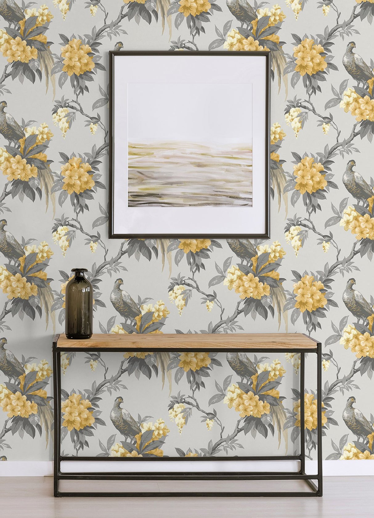 Golden Pheasant Grey Floral Wallpaper with Large-Scale Birds and Blossoms - Brewster M1662