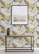 Golden Pheasant Grey Floral Wallpaper with Large-Scale Birds and Blossoms - Brewster M1662
