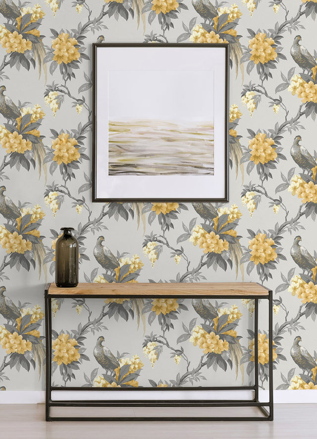 Golden Pheasant Grey Floral Wallpaper with Large-Scale Birds and Blossoms - Brewster M1662