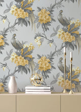 Golden Pheasant Grey Floral Wallpaper with Large-Scale Birds and Blossoms - Brewster M1662