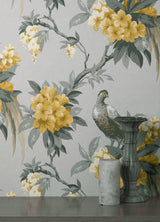 Golden Pheasant Grey Floral Wallpaper with Large-Scale Birds and Blossoms - Brewster M1662