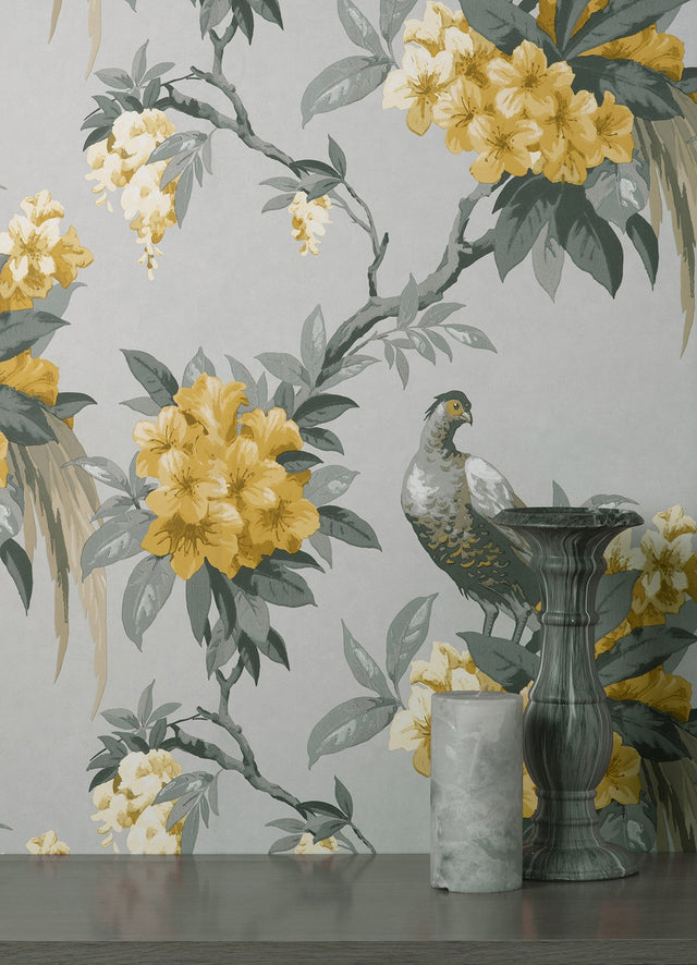 Golden Pheasant Grey Floral Wallpaper with Large-Scale Birds and Blossoms - Brewster M1662